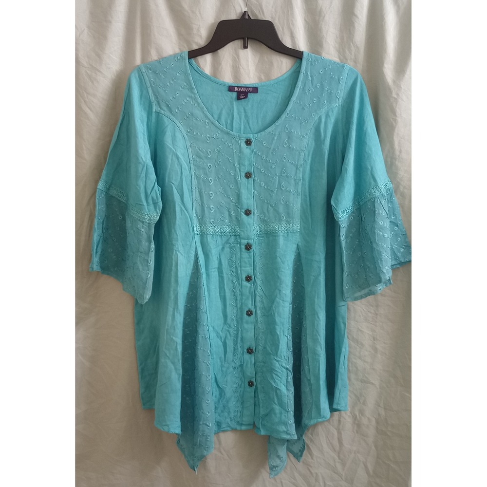 Roamans Womens 16W Turquoise Embroidered Button Front Tunic Bell Sleeve NWT